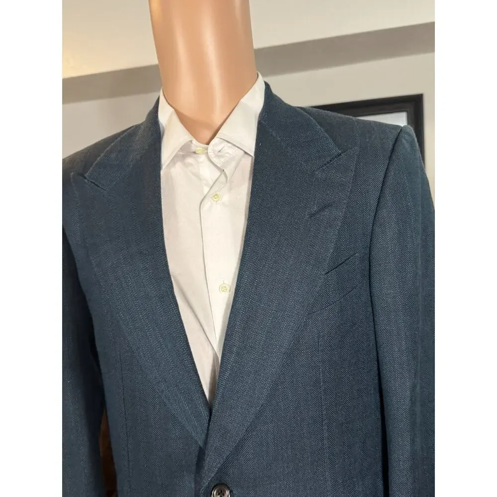 Tom Ford Teal Herringbone Silk Mohair Blazer Sportcoat 40R Peak Lapel Windsor